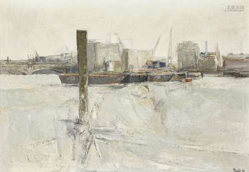 David Tindle RA, British b.1932- View of the Thames with barges, 1959; oil on canvas, signed and