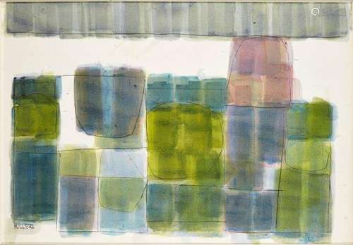 James Hull, British 1921-1990- Untitled abstract composition, 1986; watercolour and charcoal, signed