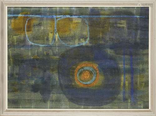 James Hull, British 1921-1990- Abstract composition in blue and green with orange; mixed technique