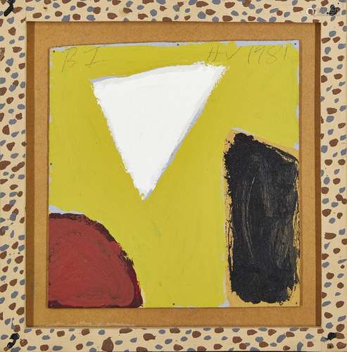 Bryan Illsley, British b.1937- Untitled abstract in yellow, white, red and black; oil on board in