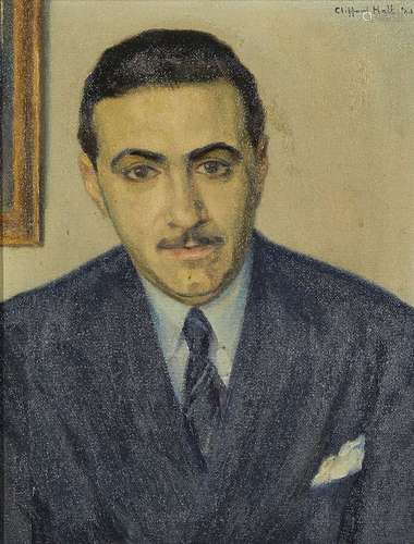 Clifford Hall RBA ROI, British 1904-1973- Portrait of a man, quarter-length in dark blue jacket,