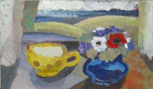 Clive Blackmore, British b.1940- Yellow Cup & Anemones; oil on canvas, 26.5x46cm, (ARR)