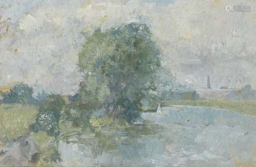 Peter Greenham RA CBE, British 1909-1992- Tranquil river landscape; oil on board, signed with