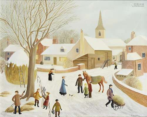 Pamela Cornell, British 1928-1987- Sussex Farm in Winter; oil on canvas, signed, and signed,