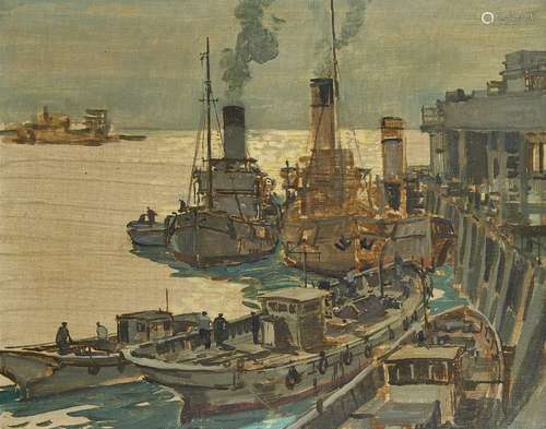 Neville Southby Pitcher RSMA, British 1889-1959- Thames Tugs on duty with the Royal Navy, Southend-