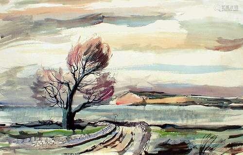 Rowland Suddaby, British 1912-1972- Road to the Lake; watercolour, signed, 106x55cm, (ARR)Please