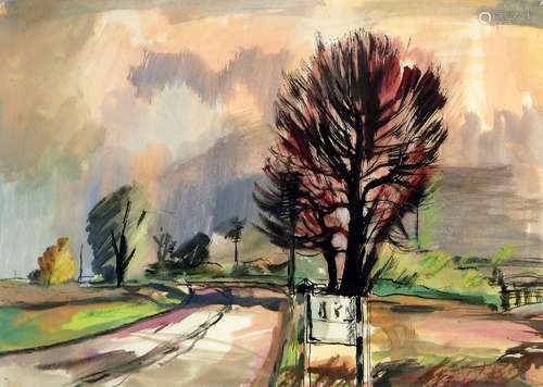 Rowland Suddaby, British 1912-1972- Road sign beneath stormy skies; watercolour, 24x30.5cm, (ARR)