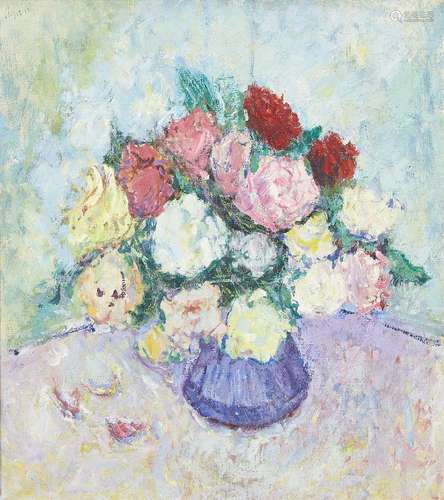 Adrian Ryan, British 1920-1998- Flowers in a bowl; oil on canvas, signed, bears inscription on the