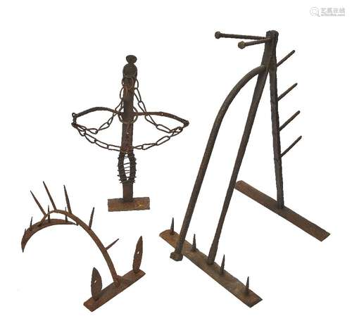 Bryan Illsley, British b.1937- Untitled, various spiked and chained forms; wrought iron, three, 82cm