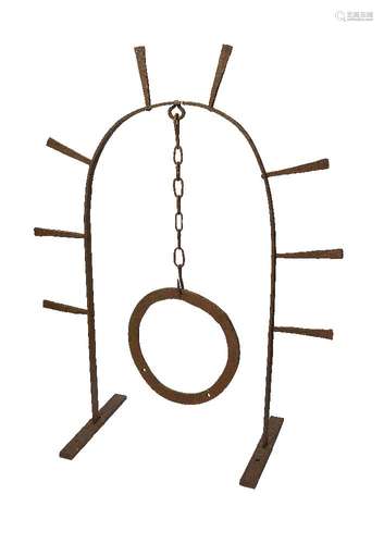 Bryan Illsley, British b.1937- Untitled, ring hanging from chain and arch; wrought iron, 134cm