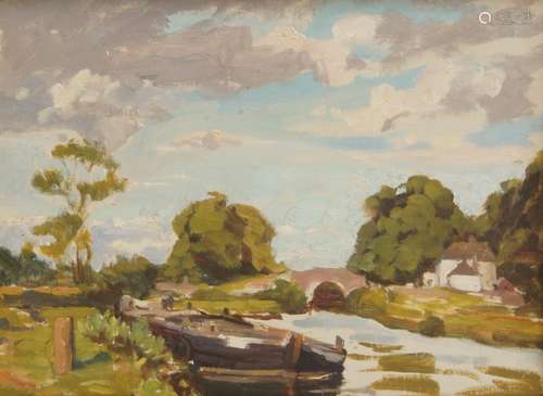 Dermod O'Brien PRHA, Irish 1865-1945- A landscape with a moored boat; oil on canvas, bears studio