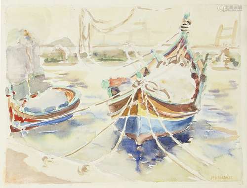 Jack Paul Hanlon, Irish 1913-1968- Moored fishing boats; watercolour, signed and dated 56, 30x40cm.,