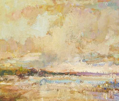 Ken Moroney, British b.1949- Coastal landscape; oil on board, signed, 23x27.5cm, (ARR)Please refer