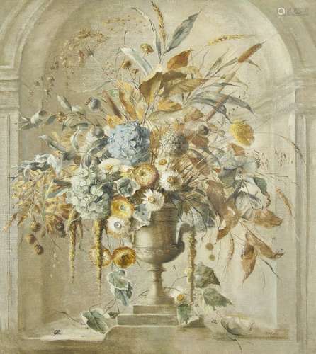 Terence Loudon, British 1900-1949- Still life of mixed flowers in an urn; oil on canvas, signed,