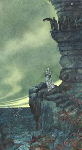 Elizabeth M. Craig, British 1893-1968- Figure on a precipice; watercolour and gouache, 68x37.5cm (