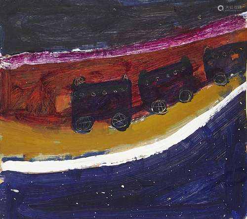 Daphne McClure, British b.1930- Trucks in the Mine; oil on irregular shaped board, signed and titled