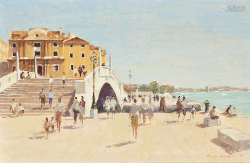 James Longueville PS RBSA, British b.1942- Bridge in Castello, Venice; oil on board, signed, also