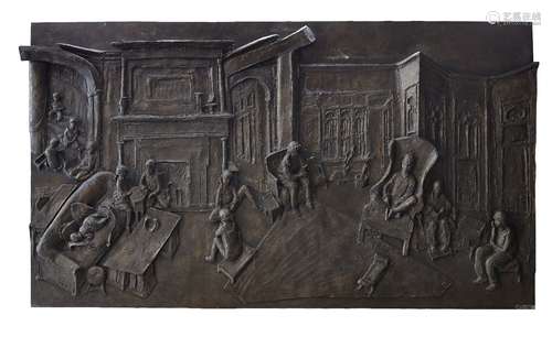 Ghisha Koenig, British 1921-1993- Figures in an interior scene, c. 1990; bronze relief plaque,