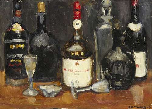 Denys George Wells, British 1881-1973- Still life of wine and glasses, 1971; oil on board, signed