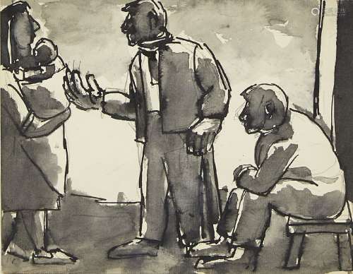 Josef Herman OBE RA, British/Polish 1911-2000- Two men with a woman and her baby; pen, ink and wash,