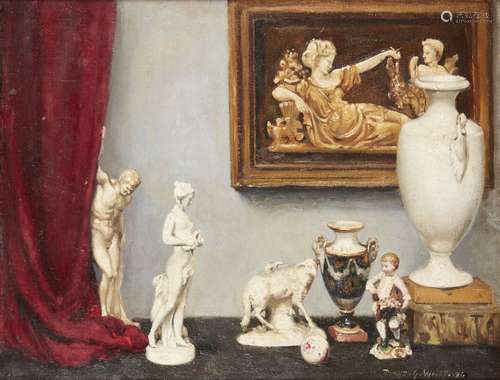 Denys George Wells, British 1881-1973- Still life of figurines, vase and painting with a curtain;