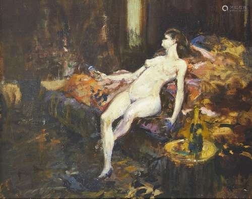 Keith Stuart Baynes LG, British 1887-1977- Reclining female nude in an interior; oil on canvas,