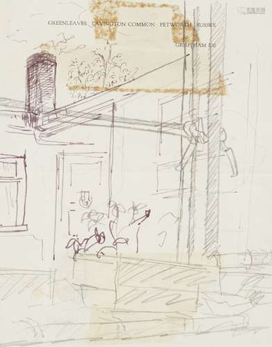 Ivon Hitchens, British 1893-1979- Study of a house through a window; pencil and pen on headed letter