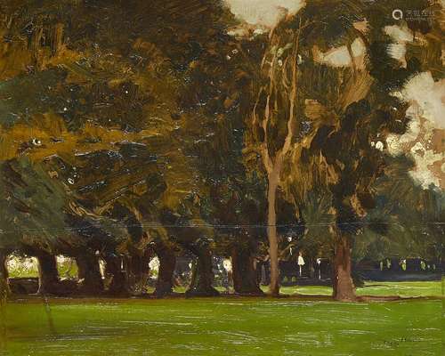 Frederick Hall NEAC, British 1860-1948- Park landscape; oil on panel, signed, 32x40cm Provenance: