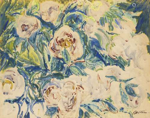 Sir Jacob Epstein, British 1880-1959- Peonies; watercolour on paper, signed, 44x56cm (ARR)