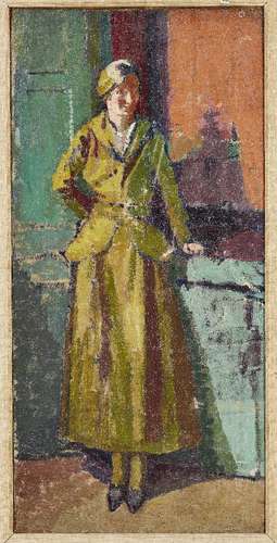 Camden Town School, c.1911-1914- Portrait of a lady standing full length; oil on canvas laid down on