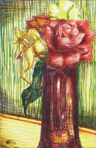 Ithell Colquhoun, British 1906-1988- Fading Roses and Roses in a Red Vase; black and coloured felt-