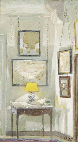 Alec Cobbe, Irish b.1945- Lobby with Estate Maps; oil on board, signed and dated 1998, 32x19cm, (