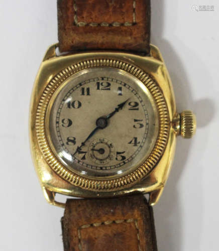 A Rolex 18ct gold cushion cased gentleman's mid-size wristwatch, circa 1927, the signed jewelled