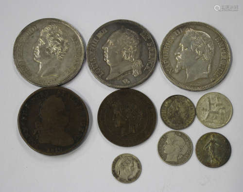 A collection of 19th century French coinage, including a Louis XVIII five francs 1821, a Charles X