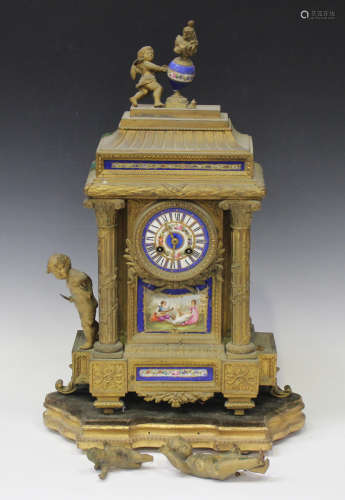 A late 19th century French gilt spelter and porcelain mantel clock with eight day movement