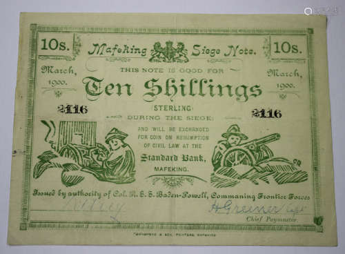 A Siege of Mafeking ten shillings note, numbered '2116'.Buyer’s Premium 29.4% (including VAT @