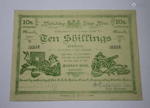 A Siege of Mafeking ten shillings note, numbered '3034'.Buyer’s Premium 29.4% (including VAT @