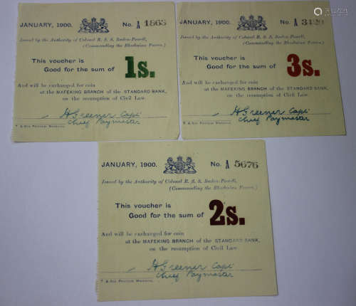 Three Siege of Mafeking banknotes, comprising a one shilling, numbered '1863', a two shillings,