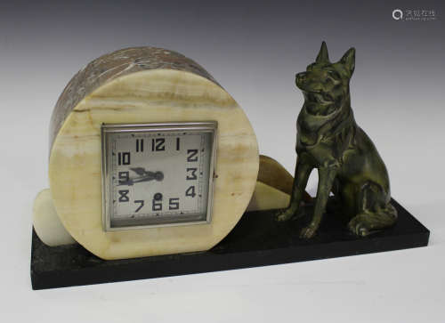 A French Art Deco spelter marble and onyx mantel clock, the silvered square dial with Arabic