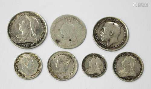 A William IV silver penny-halfpenny 1835, a Maundy twopence 1838, three other Maundy coins and two