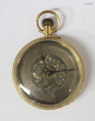 A 15ct gold cased keyless wind open-faced lady's fob watch with unsigned gilt jewelled lever