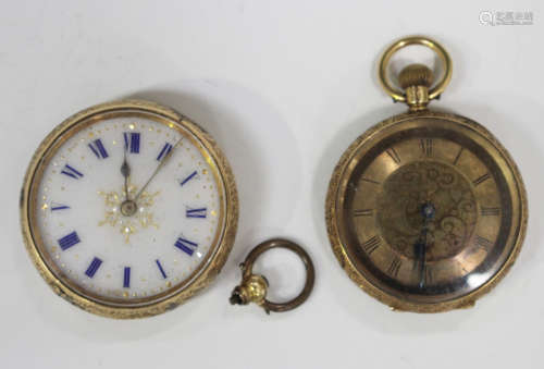 A gold cased keywind open-faced lady's fob watch with gilt cylinder movement, the inner and outer