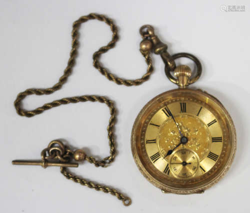 A 14ct gold cased keyless wind open-faced lady's fob watch with gilt cylinder movement, the