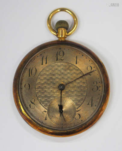 A gold cased keyless wind open-faced pocket watch with unsigned jewelled lever movement, the gilt