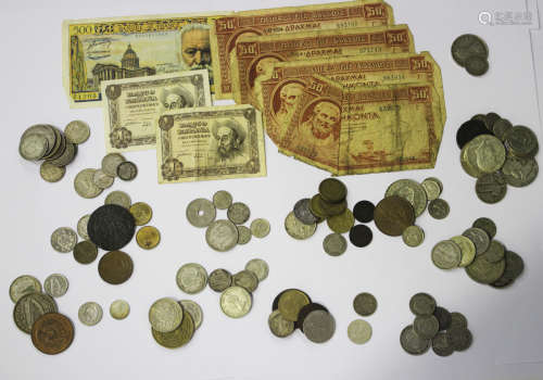 A group of world coins, including a USA large cent 1811, half-dollars 1945 and 1958, dimes 1883