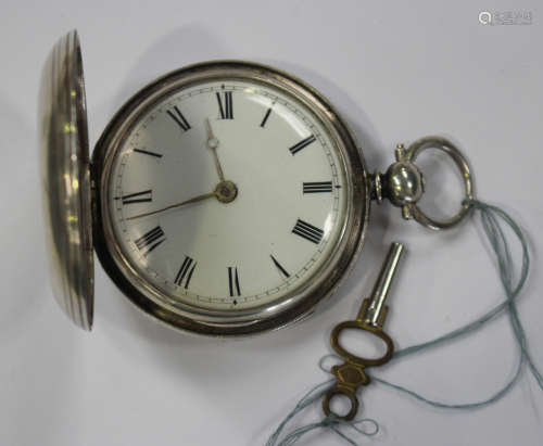 A silver keywind hunting cased gentleman's pocket watch, the gilt fusee movement with verge