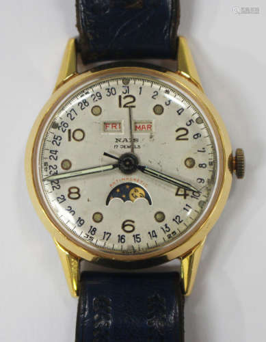 A Nais gilt metal fronted and steel backed calendar wristwatch, the signed silvered dial with Arabic