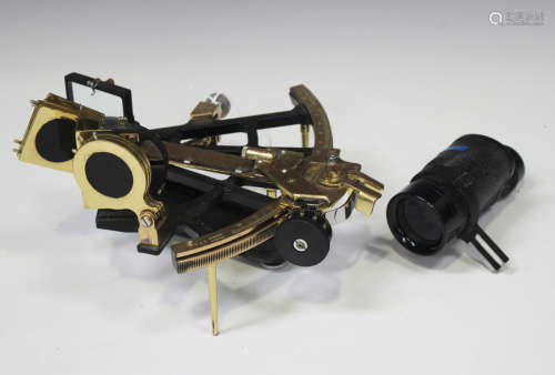 A mid-20th century Tamaya & Co Ltd brass and black enamelled sextant, signed, the fitted hardwood