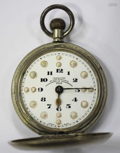 A Buren base metal keyless wind hunting cased braille pocket watch, the signed movement detailed '