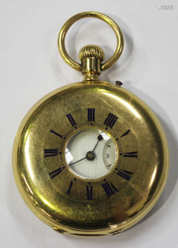 A 18ct gold keyless wind half-hunting cased pocket watch with unsigned jewelled lever movement,